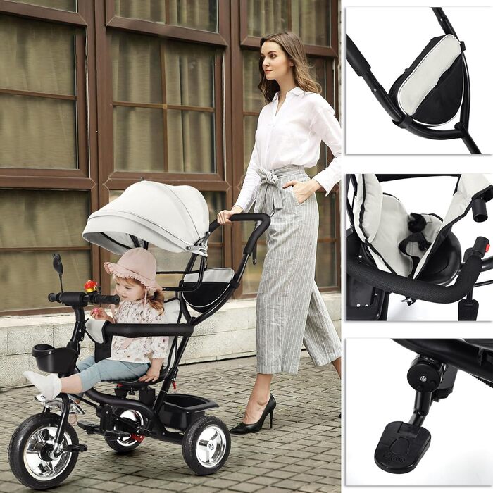 Триколісний велосипед 4-в-1 для дітей від 1 року з батьківською ручкою – дитячий триколіс для 1-4 роки до 25 кг, регульована батьківська ручка, поворотне сидіння, складаний навіс та кошик – компактний та безпечний (світло-сірий)