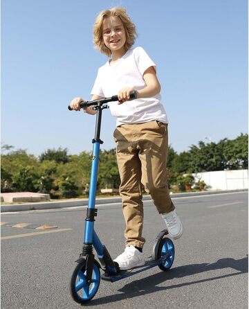 Скутер Lamborghini Tretroller Cityroller з великим колесом, складаний, регульована висота, для дорослих та дітей, з підставкою, передньою амортизацією та гальмом на задньому колесі, синій, до 100 кг
