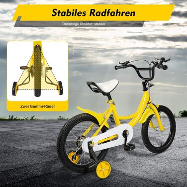 Дитячий велосипед 16 дюймів для дітей 5-8 років (105-135 см), міцний сталевий велосипед з додатковими колесами, регульоване сидіння та кермо (жовтий)