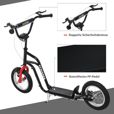 Дитячий самокат HOMCOM Scooter City Scooter від 5 років кікборд з 12 дюймовими пневматичними шинами в чорному кольорі 120x58x75-80 см для безпечної їзди