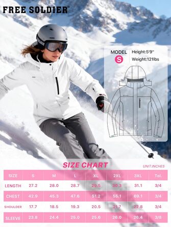 Жіноча водонепроникна куртка для сноубордингу та лижного спорту FREE SOLDIER з флісовою підкладкою, тепла зимова куртка з капюшоном, повністю проклеєні шви (XXL, Білий/Ошатний сад)
