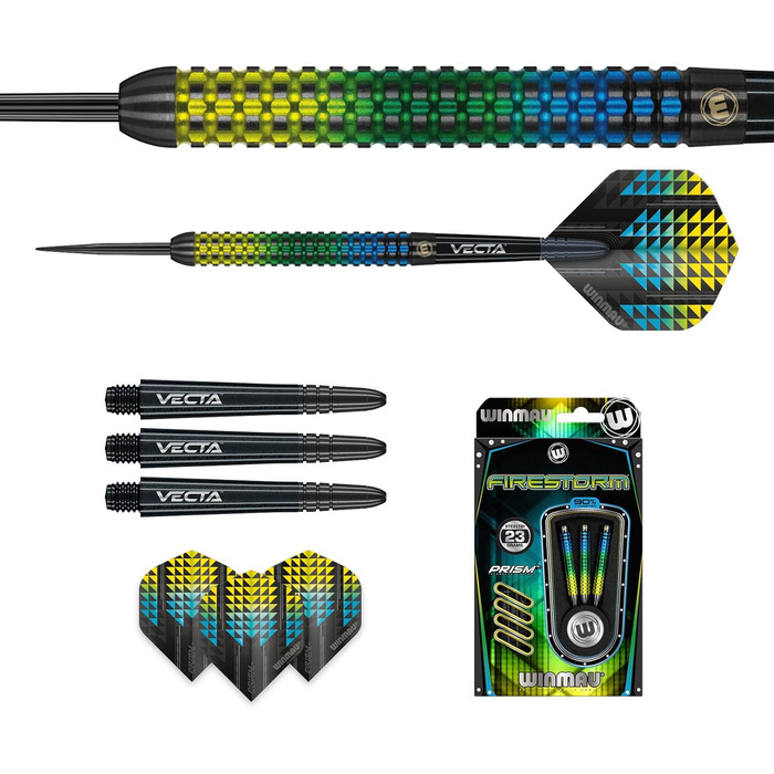 Дротики для дартсу WINMAU Firestorm, професійні, вольфрамові, 23 г, з оперенням і стержнями, стілтіп