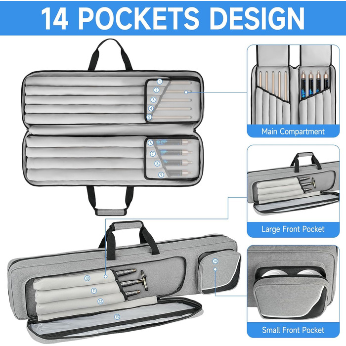 Чохол для більярдних київ на 4 основи та 5 жозлів, сумка для більярдних київ сірого кольору, 14 кишень, з регульованим плечовим ременем (L)