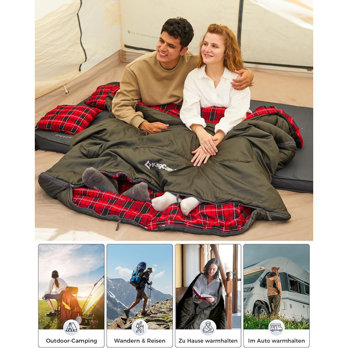 Спальний мішок KingCamp на 2 особи з фланелі, зимовий, для кемпінгу та відпочинку на природі, 3-4 сезони, з 2 подушками, підходить для дітей та дорослих (зелений)