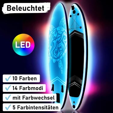 Надувний SUP Board BRAST з LED-підсвіткою | Комплект для станд-ап паддлінгу | 320x81x15 см | 4 дизайни | LED-підсвітка 10 кольорів | 5 років гарантії | 2в1 весло, сидіння для каяка, кріплення для екшн-камери, петля для ніг (Turtle Blue)