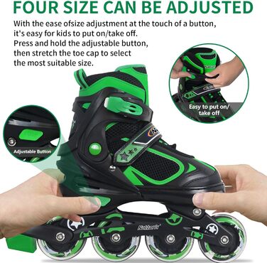 Роликові ковзани Nattork для дітей з підсвічуванням, ролики для катання на вулиці та в приміщенні (37-41, зелені)