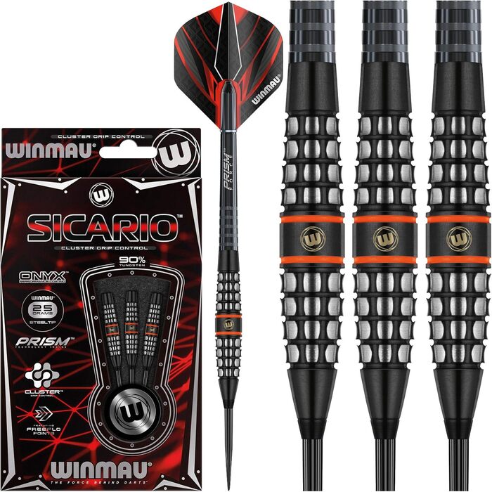 Дротики WINMAU Sicario 25 г, професійні, вольфрамові, з металевим вістрям, набір з оперенням і хвостовиками