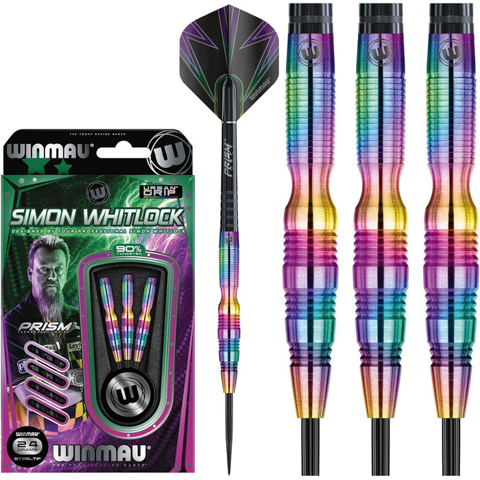 Дротики WINMAU Champions Simon Whitlock 3 24г, професійні, вольфрамові, для дартсу, з наконечником Steeltip, комплект з оперенням і хвостовиками