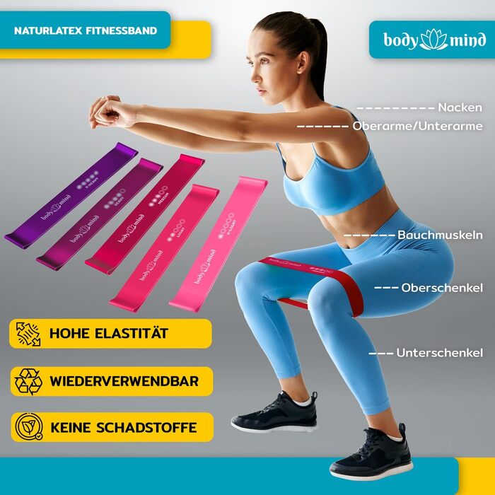 Еластичні стрічки для фітнесу Body & Mind® 5 шт. - набір стрічок для силових тренувань, йоги, пілатесу та фітнесу; 100% латекс (рожевий)