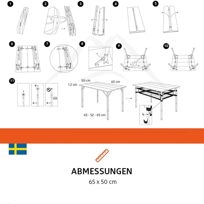 Зручний складаний садовий/кемпінговий столик Campout з бамбуковою полицею (65x50x65 см), 3 положення висоти, з сумкою
