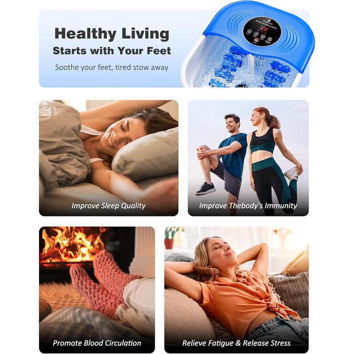 Ванночка для ніг з масажем та підігрівом, таймером – складана ванночка з бульбашками та пемзою, масажер для ніг з водою та 8 роликів – ідеальний подарунок (Блакитний)