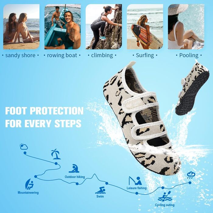 Водні шльопанці/черевики WateLves для плавання та відпочинку на пляжі (унісекс, леопардовий принт, колір: світло-коричневий, розмір 38/39 EU)