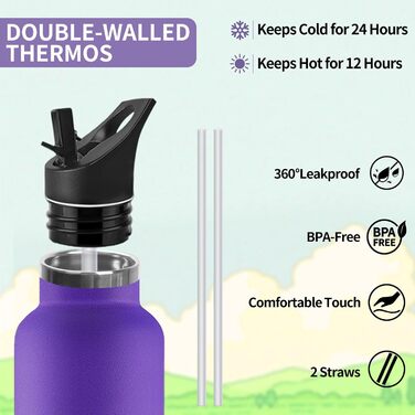 Термопляшка 500 мл, нержавіюча сталь, з соломкою, BPA Free, подвійні стінки, ізольована, для води, термопляшка, підходить для газованої води, кольори: темно-синій та темно-фіолетовий