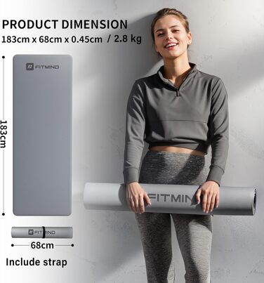 Килимок для йоги FITMIND з PU, антиковзкий ULTRA GRIP, 183x68 см, 4,7 мм, швидковисихаючий, для пілатесу та йоги, темно-сірий