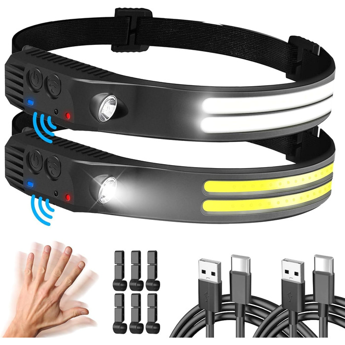 LED налобний ліхтар, 2 шт. з широким кутом огляду 230°, 6 режимів, датчик світла, водонепроникний, ідеально для бігу, риболовлі та інших активностей