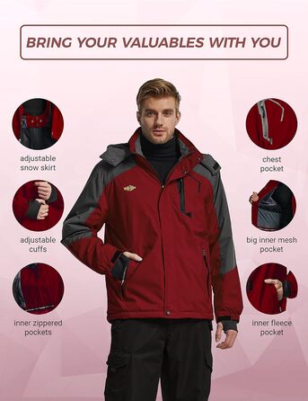 Чоловіча гірськолижна куртка Wantdo - тепла зимова флісова куртка, водонепроникна, дихаюча, з капюшоном, вітрозахисна. Розмір L.