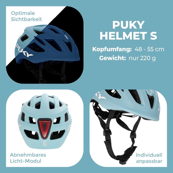 Дитячий велосипедний шолом PUKY, легкий 220 г, розміри S/M, максимальний захист та вентиляція, 360° світловий модуль, для безпеки та комфорту на велосипеді