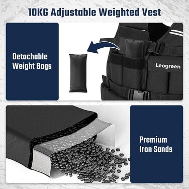 Вага для тренувань Leogreen 10/20 кг, регульована, з 20 знімними вагами, світловідбиваючими смугами, для жінок та чоловіків, біг, силове тренування, чорна