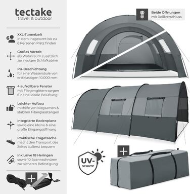 Намет Tectake Tunnelzelt для 6 осіб, сімейний, з тамбуром та підлогою, захист від UV-випромінювання, кемпінговий намет з сумкою для транспортування, 350x480x195 см, темно-сірий/світло-сірий