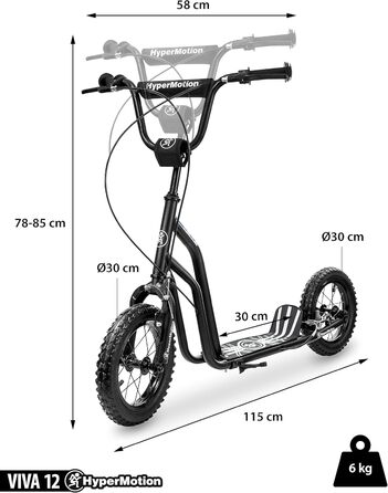Дитячий самокат HyperMotion Viva, сталевий каркас, 12-50 кг, надувні колеса 30 см, дві гальма, регульована висота 78-85 см, з підніжкою
