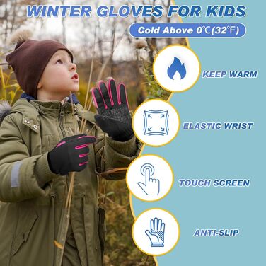 Дитячі рукавички Sukeen Softshell, теплі вело-рукавички для дівчаток та хлопчиків, непромокаючі, антиковзні, для їзди на велосипеді, катання на ковзанах, активного відпочинку (S, чорно-рожевий)