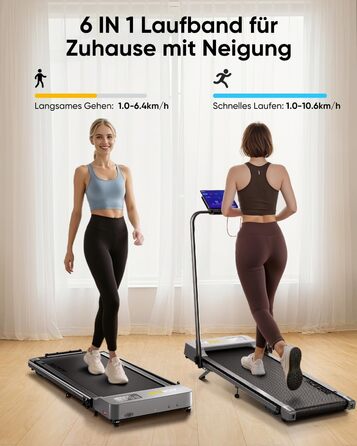 Біговий тренажер 6 в 1 для дому, складний, з регулюванням нахилу 10% та ручками. Макс. вантажність 135 кг, LED-дисплей, пульт дистанційного керування та додаток. Чорний та сірий.