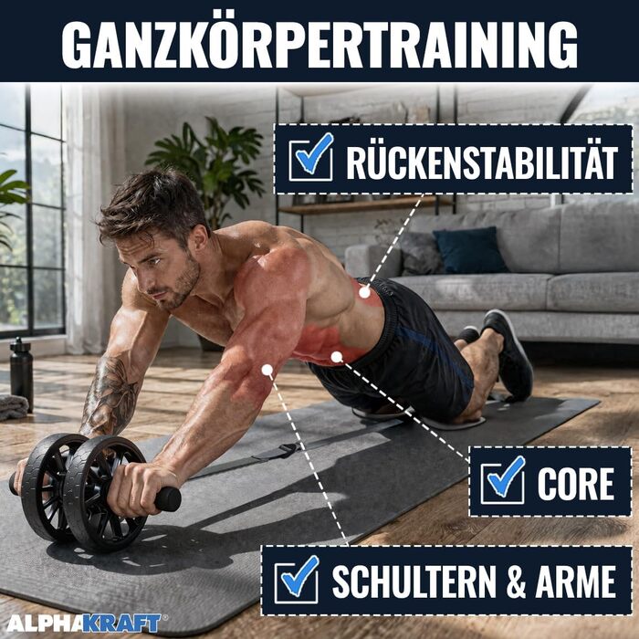 ALPHAKRAFT Ролик для пресу AB Roller з гумовим кільцем та накладками на коліна | Преміум ролик для тренування м'язів живота вдома | Ролик для пресу та тренажер для кора з планом тренувань
