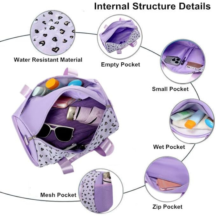 Сумка для танців та плавання для дівчаток, балетна сумка фіолетова з принтом «Серце»