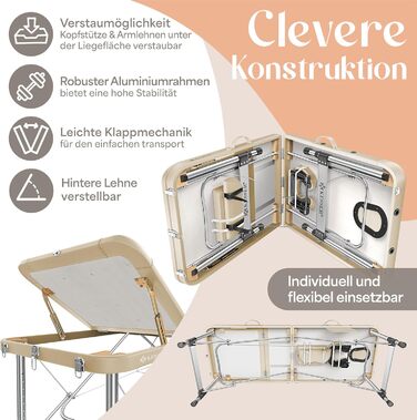 Масажне ліжко KESSER® з 3 зонами, до 250 кг, складне, регульоване, з аксесуарами (підголовник, підлокітники, сумка), антиковзне покриття, бежеве