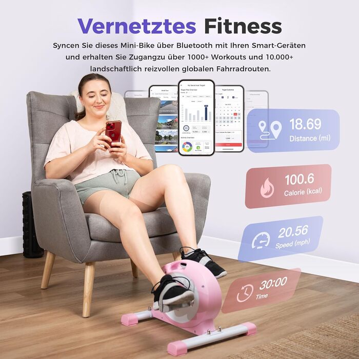 Магнітний міні-велотренажер Sunny Health & Fitness Smart-Heimtrainer для дому та офісу, педальний тренажер для сеньйорів та реабілітації (Рожевий)