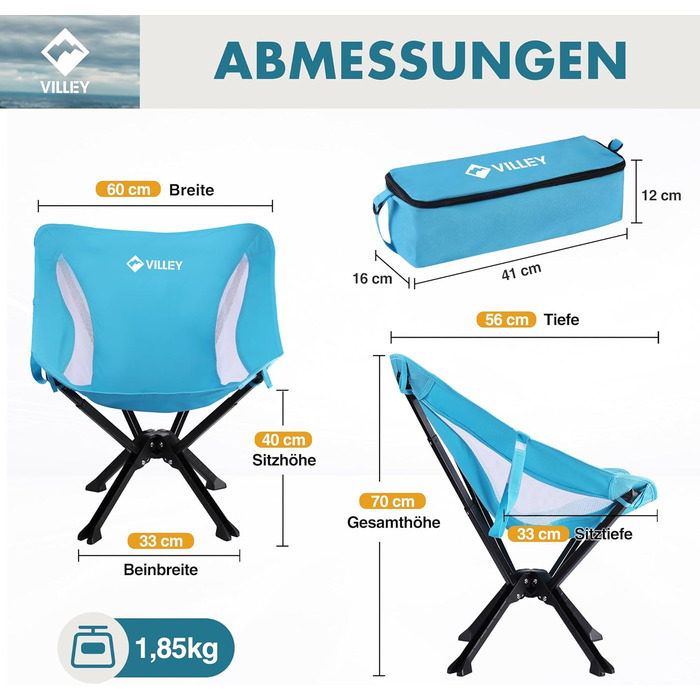 Складний туристичний стілець VILLEY, блакитний, з алюмінієвим каркасом, 150 кг, з сумкою для відпочинку та риболовлі