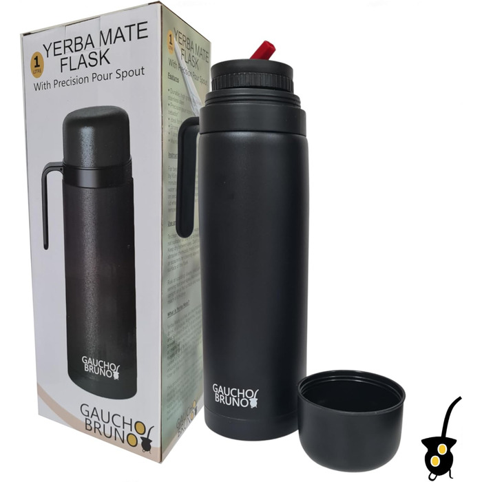 Термос для мате Yerba Mate з нержавіючої сталі, 1 л, ізольований, з ручкою та гвинтовою кришкою, для гарячих і холодних напоїв