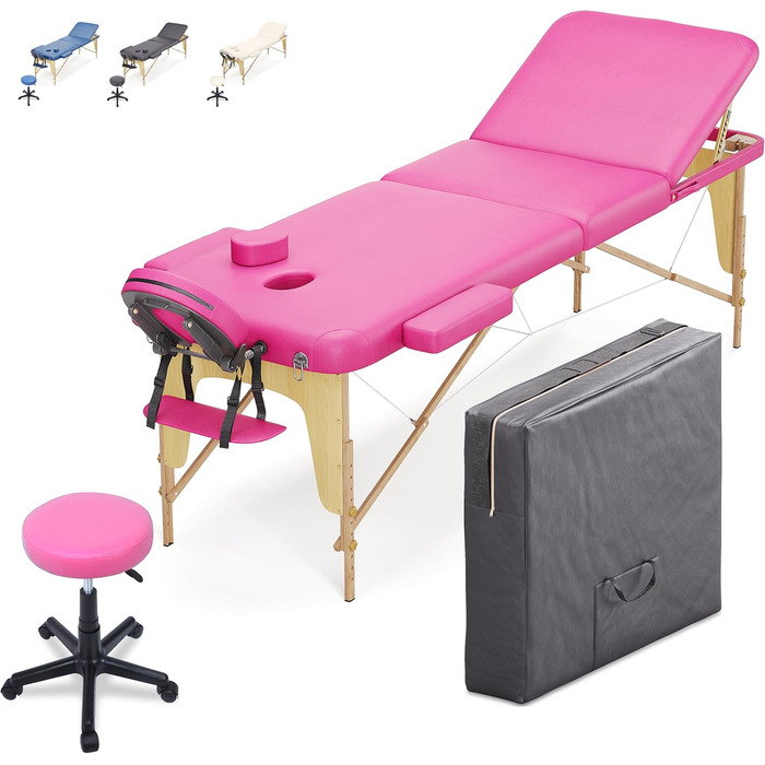 Мобільний масажний стіл Beltom® з 3 зонами, складний + табурет для косметології - Рожевий
