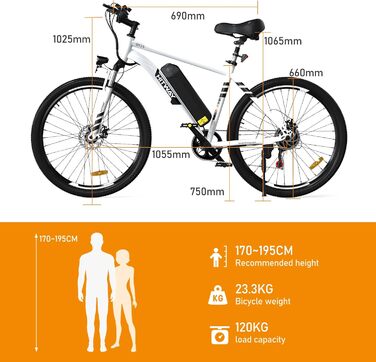 Електровелосипед HITWAY 26'' для бездоріжжя, 250Вт, 36В 12А·год знімна батарея, 7 швидкостей, запас ходу 35-90 км, білий, StVZO Pedelec