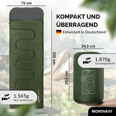 Спальний мішок для кемпінгу з капюшоном до -3°C з подушкою - зимовий та літній спальний мішок на 3-4 сезони (75 x 220 см) - для жінок та чоловіків (теплий) Зелений 280GSM