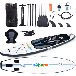 Надувне SUP-борд Zupapa 366см/320см (12ft) з аксесуарами | Stand Up Paddle Board з сидінням для каяка | Чорно-біло-сірий комплект