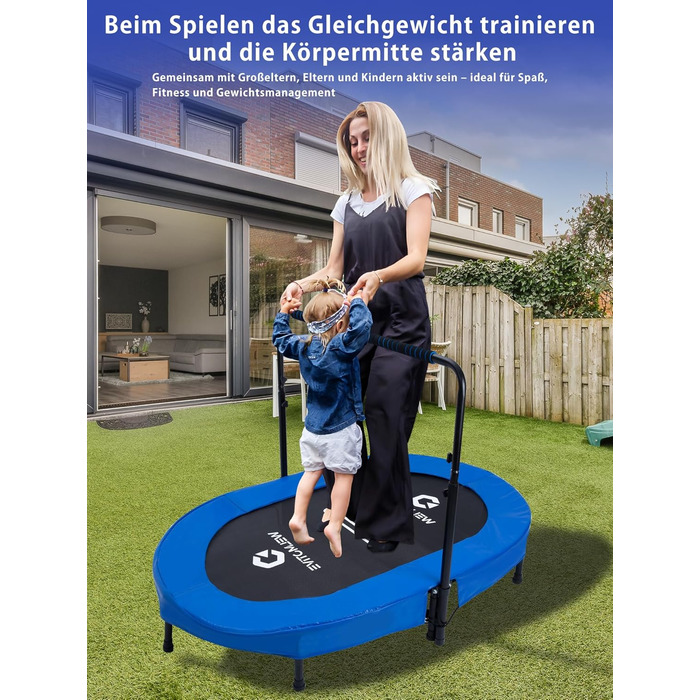 Батут овальний для дому 2 осіб до 150 кг синій з ручкою - фітнес, для дітей та дорослих