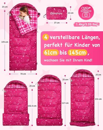 Спальний мішок KingCamp для дітей, фланелевий, легкий, водонепроникний, компактний, зимовий, 4 сезони, для кемпінгу, підходить для дітей до 140 см, комфортна температура: 7°C, рожевий, регульована довжина