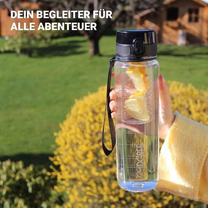 Пляшка для води 720°DGREE uberBottle 1,5 л з контейнером для фруктів, BPA-free, тританова, не протікає, для спорту, фітнесу, туризму, прозора, синя
