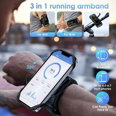 Спортивний браслет для телефону Cikyner 3-в-1: кишеня, тримач, обертання 360°, знімається. Універсальний для iPhone, Huawei, 4.5-7'' - для бігу, вело, піших прогулянок (G5-Чорний)