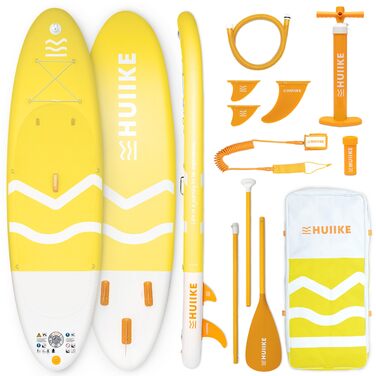 Надувний SUP Борд HUIIKE Stand Up Paddle Board з аксесуарами: весло, фіни, насос. Висока стабільність, міцність. Розмір 305x84x15 см, до 130 кг (Enjoyer Yellow - Essential)