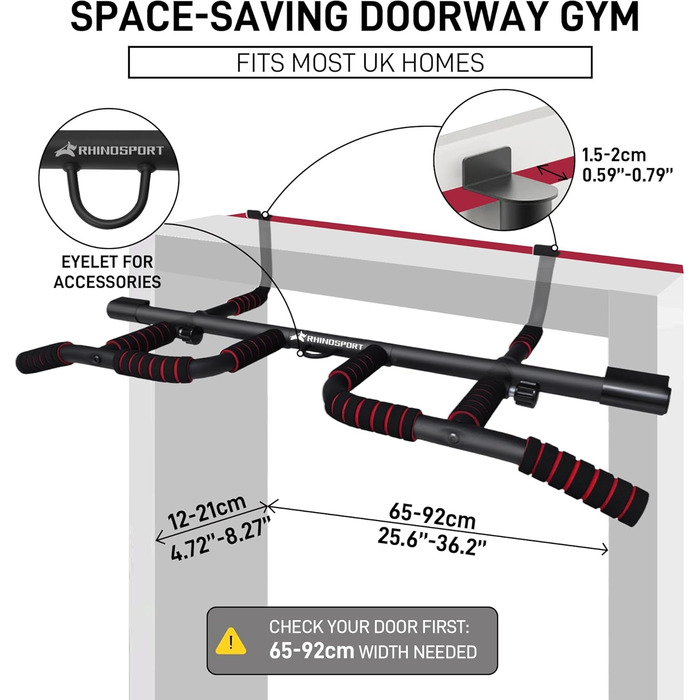 RHINOSPORT Турнік для дверного прорізу – турнік для підтягувань на двері з багатохватним грифом – без свердління, нековзке покриття до 200 кг (440 фунтів) – для дверей 65-92 см
