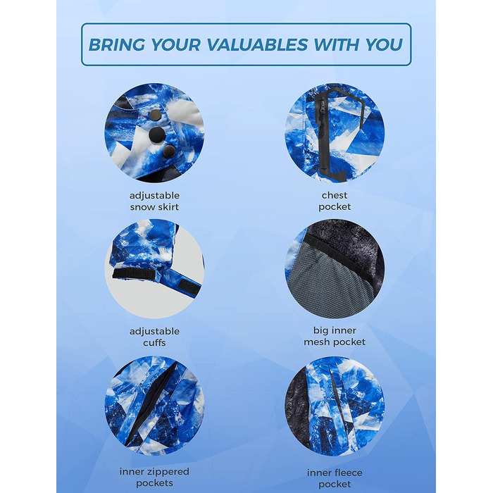 Чоловіча гірськолижна куртка Wantdo з флісовою підкладкою, водонепроникна та дихаюча, блакитна з гірським малюнком