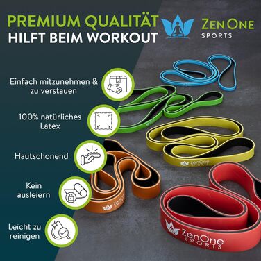 Гумові еспандери ZenOne Sports® для фітнесу, 6 рівнів опору (X-Light - XX-Heavy) + посібник з тренувань. Для підтягувань, силових тренувань.