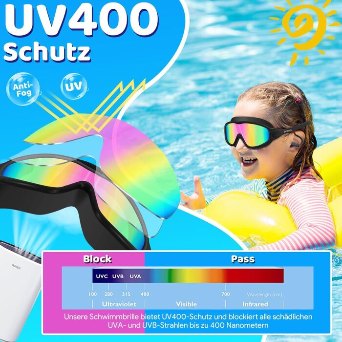 Дитячі окуляри для плавання Vvinca з носовими затискачами, 3-14 років, широке поле зору, захист від запотівання та UV, водонепроникні