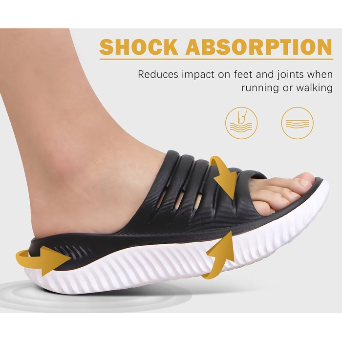 Ортопедичні відновлювальні сандалії KuaiLu для жінок, легкі спортивні шльопанці при плантарному фасциїті, розвантаження суглобів та спини, розмір 43 EU, чорно-білі
