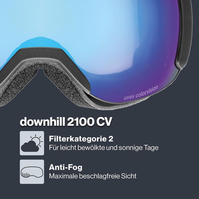 Гірськолижна маска uvex downhill 2100 CV з контрастною лінзою, широким оглядом та вузькою рамою, чорна матова/блакитно-зелена, унісекс