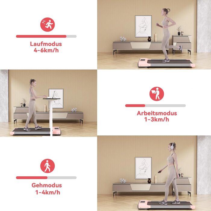 Walking Pad Max - біговий килимок для дому з тренувальним режимом, тихий, з офісним столом, рожевий, 90 см