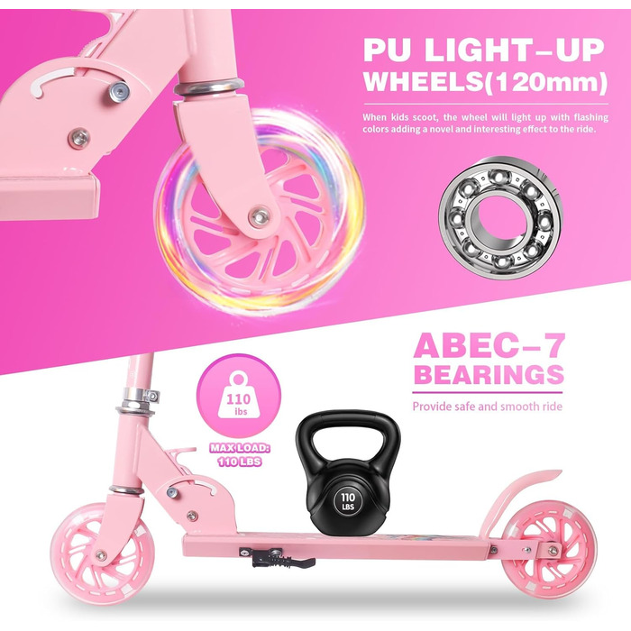 Дитячий ролер Nattork: легкий, складний, з регулюванням висоти, до 50 кг, рожевий