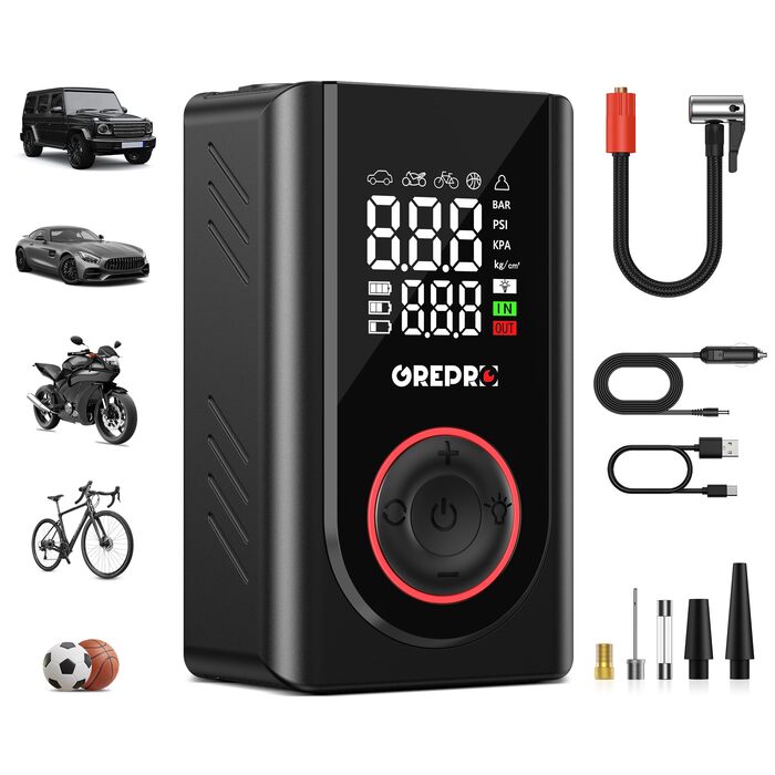 Електричний компресор GREPRO для авто, мото, велосипеда та м'ячів, 150 PSI, акумулятор 5000mAh, LED-ліхтар, цифровий манометр
